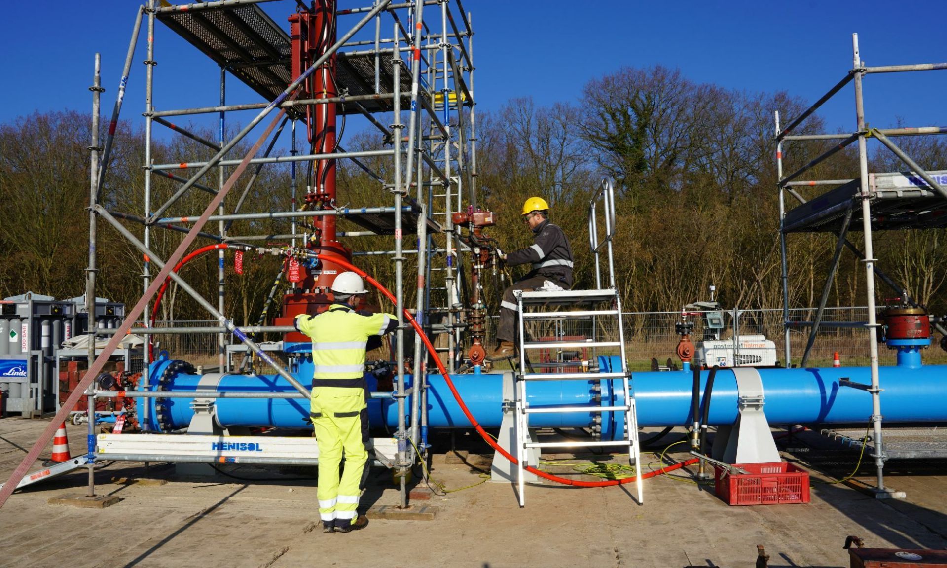 Technicians working on a section of pipe during the HYTAP Hydrogen project in collaboration with Gasunie