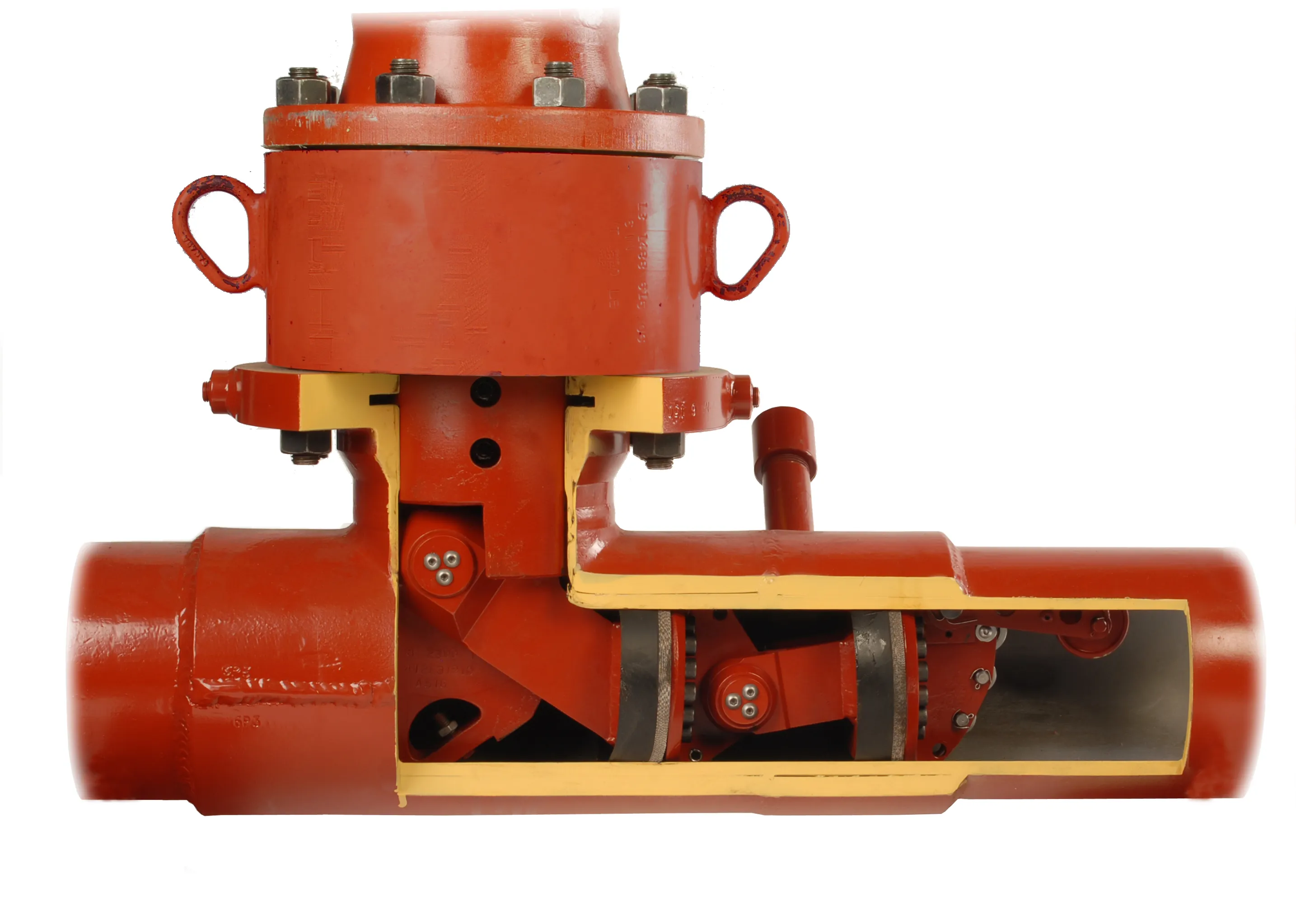 Cutaway showing key parts of a double block and bleed pipeline isolation using Stopple Train